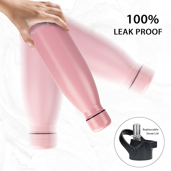 Insulated Water Bottle, 2 Pack-17oz Stainless Steel Water Bottles with straw lid, Metal Sports Water Bottles for Boys,Girls, Double Wall Vacuum BPA-Free Flask for School,Sports (Pink-Green)