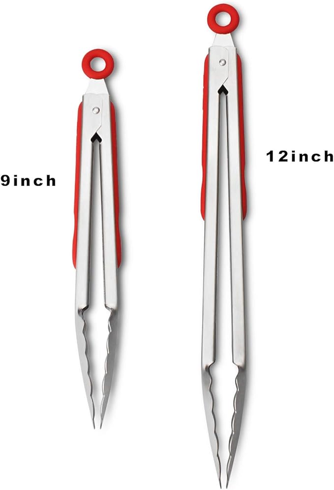 304 Stainless Steel Kitchen Cooking Tongs, 9" and 12" Set of 2 Sturdy Grilling Barbeque Brushed Locking Food Tongs with Ergonomic Grip, Red