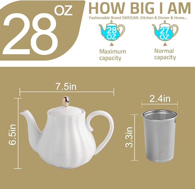 Sweejar Royal Teapot, Ceramic Tea Pot with Removable Stainless Steel Infuser, Blooming & Loose Leaf Teapot - 28 Ounce(White)