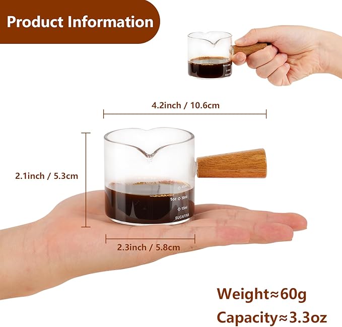 YARRAMATE 3.4oz Espresso Cups with Wood Handle, Clear Glass Espresso Accessories, Double Spout Measuring Cup with Dual Scale, Espresso Shot Glass with V-Shaped Spout
