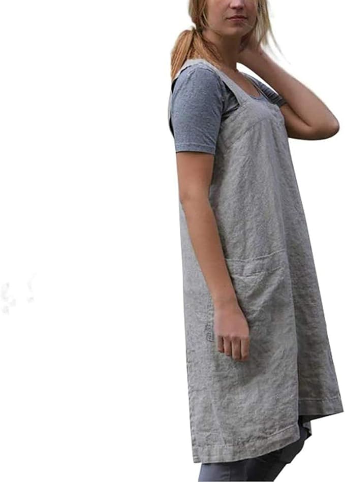 YESDOOD Cotton Linen Apron Cross Back Apron for Women with Pockets Pinafore Dress for Baking Cooking