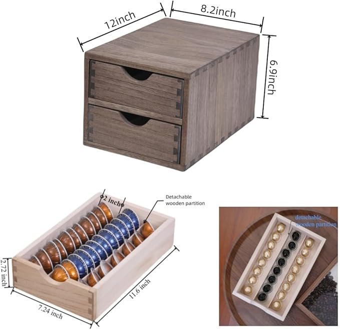 Drawer Organizer Coffee Pod Holder - Kitchen Cutlery Storage Accessories/ K-Cup Drawers with Detachable Wooden Partition - Coffee Capsules Organization Counter - Wood desktop Small Cabinets