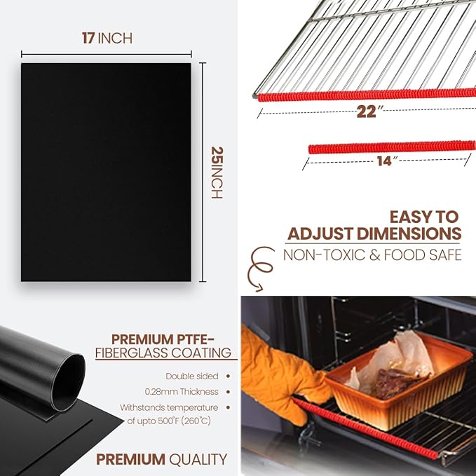 Oven Liners for Bottom of Oven Black (2-pack) Bundled with Rack Shield (2-pack) - Large Mat for Bottom of Stove (17"x 25") and 22" Red Range Guards for Racks - Reusable & Heat Resistant