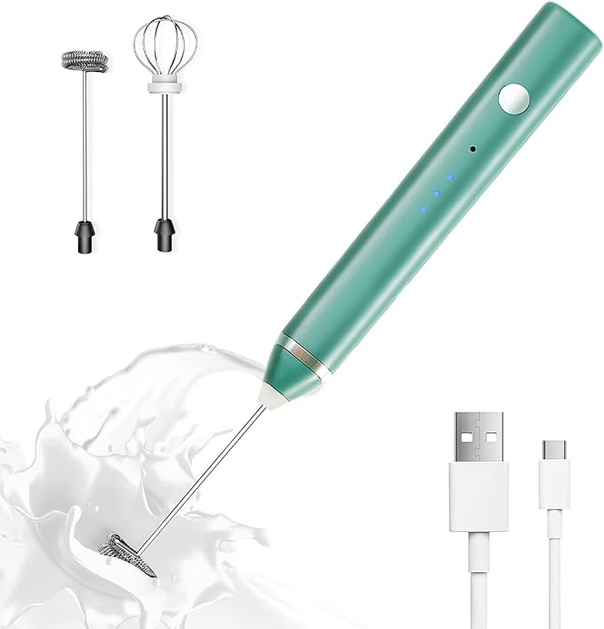 Milk Frother Rechargeable Handheld Electric Whisk Coffee Frother Mixer with 3 Stainless whisks 3 Speed Adjustable Foam Maker Blender for Coffee Matcha Latte Cappuccino Hot Chocolate（Green)
