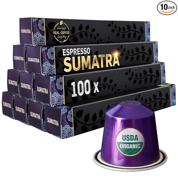 ‘Sumatra’ Organic Italian Espresso for Nespresso | 100 Organic Aluminum Capsules | Single-Origin Dark Roast | 100% Nespresso Compatible Pods | Fairtrade | Package May Vary
