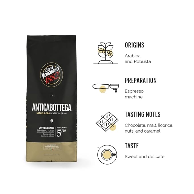 Caffe Vergnano 1882 Antica Bottega Whole Bean Arabica Medium Roast Espresso, 2.2 lbs Bag - Italian Coffee Beans with notes of Chocolate, Nuts & Caramel, Intensity 5/10-1000g Bag (2 Pack)