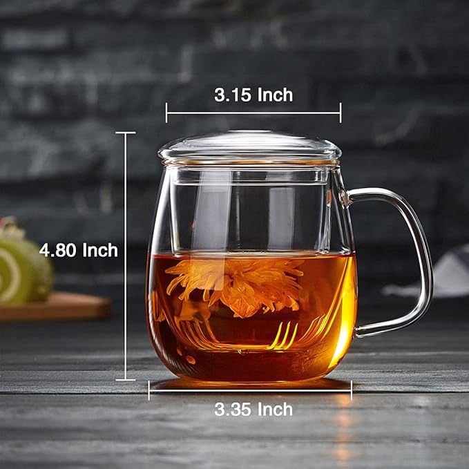 Glass Tea Cup with Infuser and Lid, 17.6oz/520ml Large Borosilicate Teacup,Tea Glass, Clear Mug for Loose Leaf Tea, Blooming Tea, Microwave & Dishwasher Safe - Tea Maker Gift for Birthday