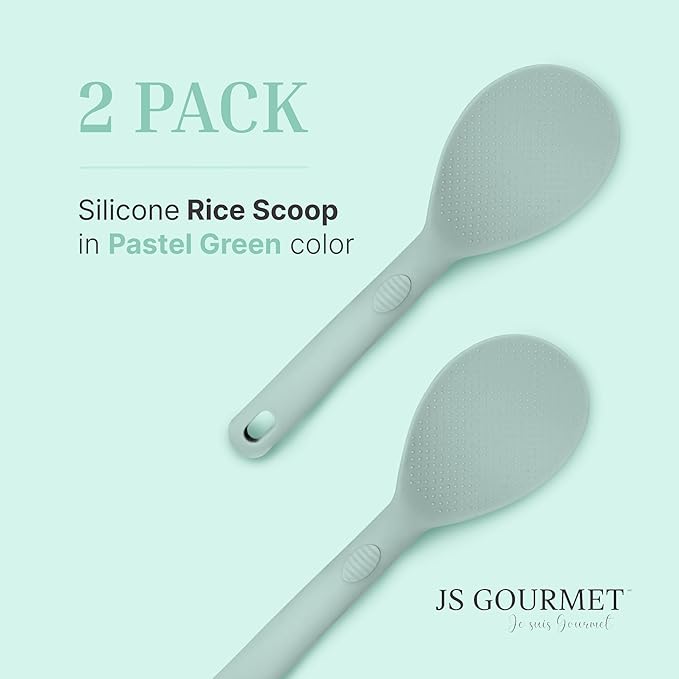 Silicone Rice Paddle Set – 2-Piece Set of Spoon Spatulas for Non-Stick Cookware – Kitchen Tools and Accessories with Comfortable Handles, Heat-Resistant Utensils for Cooking and Baking – Pastel Green
