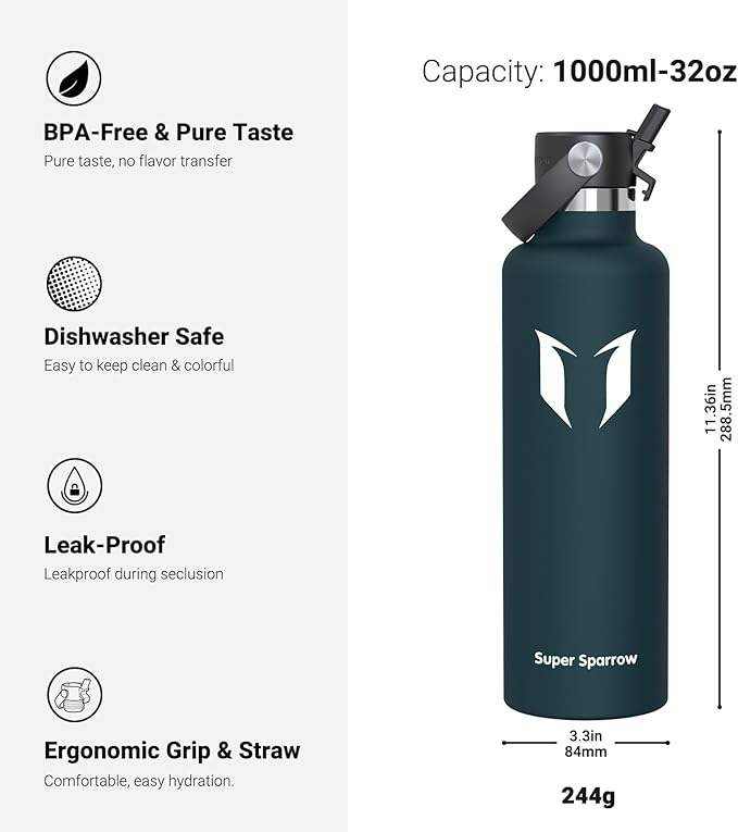 Super Sparrow Insulated Water Bottle - 17 Oz / 25 Oz / 32 Oz - Standard Mouth FlipFlow Flask - BPA Free, Leak Proof Drink Bottle- Ergonomic Straw Water Bottles for Work, Gym, Travel, Sports