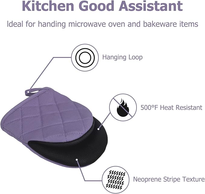 1 Pair Short Oven Mitts, Heat Resistant Silicone Kitchen Mini Oven Mitts for 500 Degrees, Non-Slip Grip Surfaces and Hanging Loop Gloves, Baking Grilling Barbecue Microwave Machine Washable