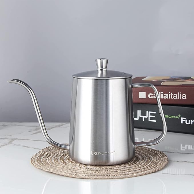 Easyworkz Gage Gooseneck Pour Over Coffee Kettle 20 oz with Thermometer Stainless Steel Hand Drip Coffee Pot With Long Narrow Spout, Silver