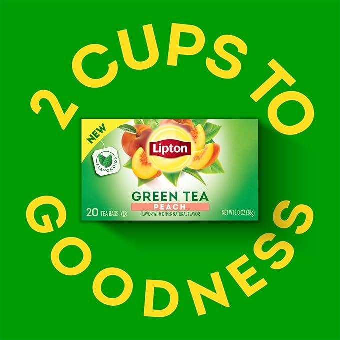 Lipton Peach Green Tea Bags, Flavored, Unsweetened Teabags for Hot Tea or Peach Iced Tea with Caffeine and Flavonoids, 20 Total Tea Bags (Pack of 3)