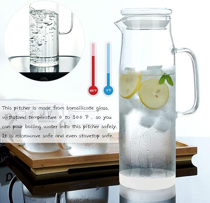 hjn Glass Pitcher with Lid Glass Water Carafe with Handle, Fridge Water Jug Cold or Hot Beverages, Iced Tea, Milk, Juice 1500ml/51oz & glass lid