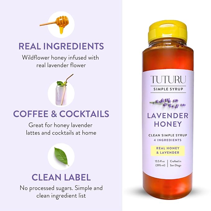 Lavender Honey Simple Syrup for Coffee, Cocktails, Tea, Matcha - Clean Simple Syrup with Real Lavender & Honey - 13.5 oz