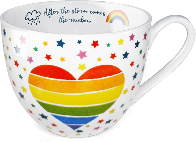 Rainbow Heart Coffee Mug, Premium 20 oz Bone China Hug Mug, Inspiring Gift of Hope and Positivity, Perfect for Birthdays, Holidays, and Christmas, Designed in England by Harvest Green Studio