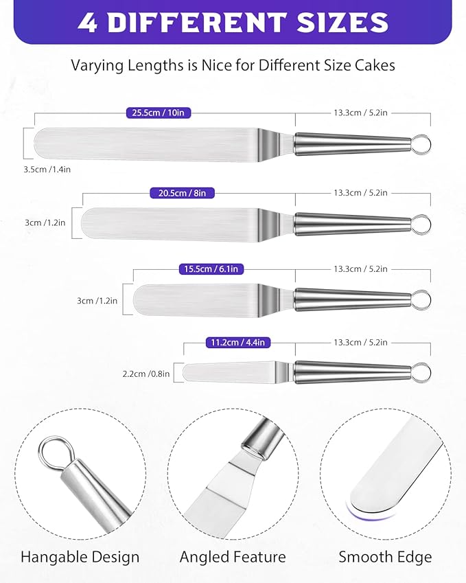 Offset Icing Spatula, Cake Angled Spatula Set with 4, 6, 8 & 10 Inch Blades, Stainless Steel Handle Suitable for Home, Kitchen or Bakery