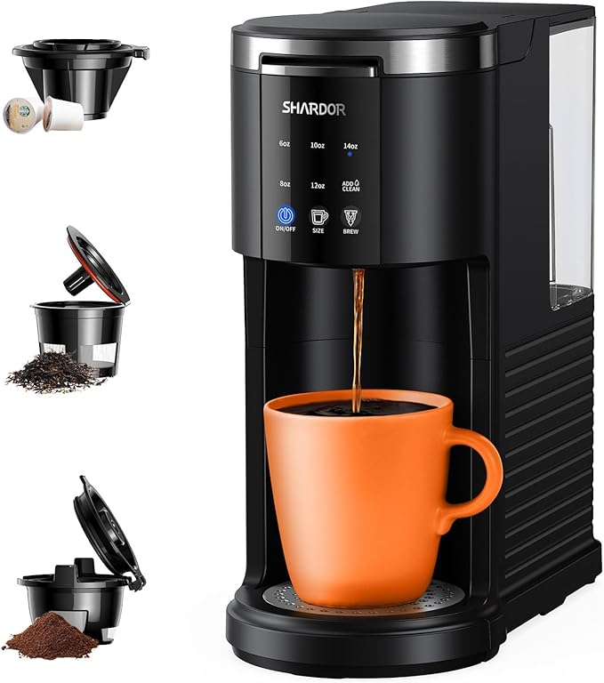 SHARDOR 3 in 1 Coffee Maker, K Cup Coffee Maker Compatible with Ground Coffee & Teas, Single Serve Coffee Machine, 6–14oz Brew Sizes, 40oz Detachable Water Reservoir, Descale Settings, Black