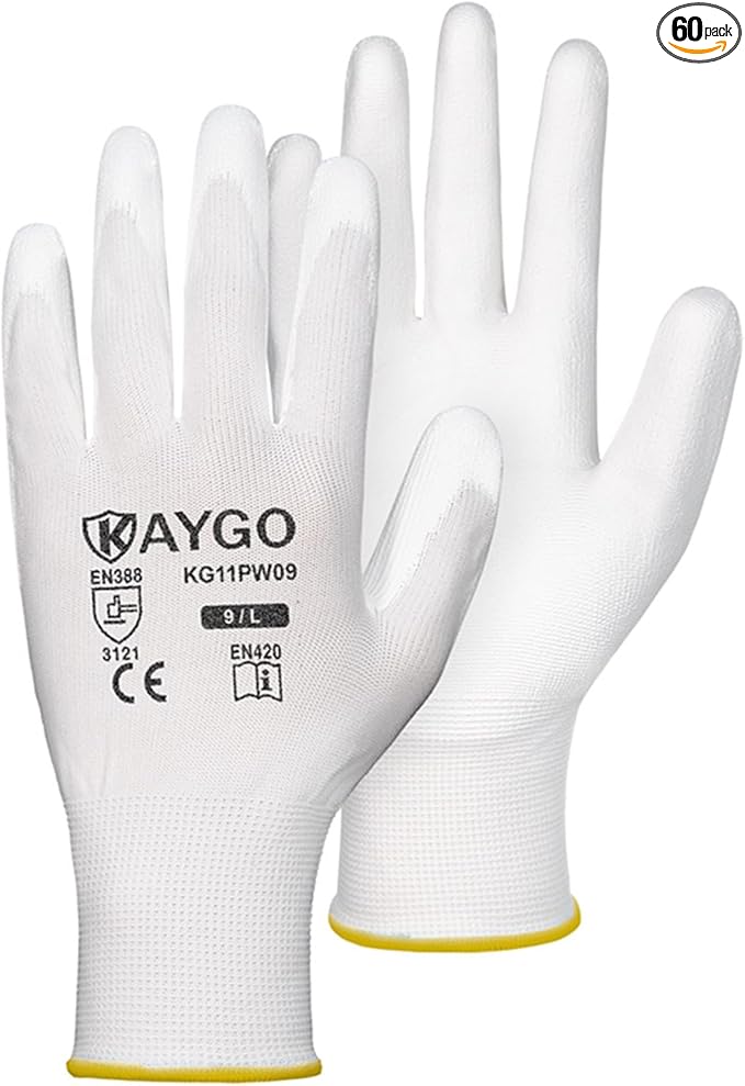 KAYGO Safety Work Gloves PU Coated,60 Pairs KG11P Seamless Knit Glove with Polyurethane Coated Smooth Grip on Palm & Fingers for Men and Women (M, White)