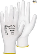 KAYGO Safety Work Gloves PU Coated,60 Pairs KG11P Seamless Knit Glove with Polyurethane Coated Smooth Grip on Palm & Fingers for Men and Women (M, White)