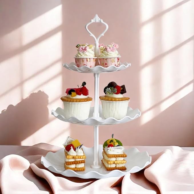 2 Set of 3-Tier Plastic Cupcake Stand Dessert Plates Mini Cakes Fruit Candy Display Tower White for Birthday Tea Party Baby Shower Serving Tray