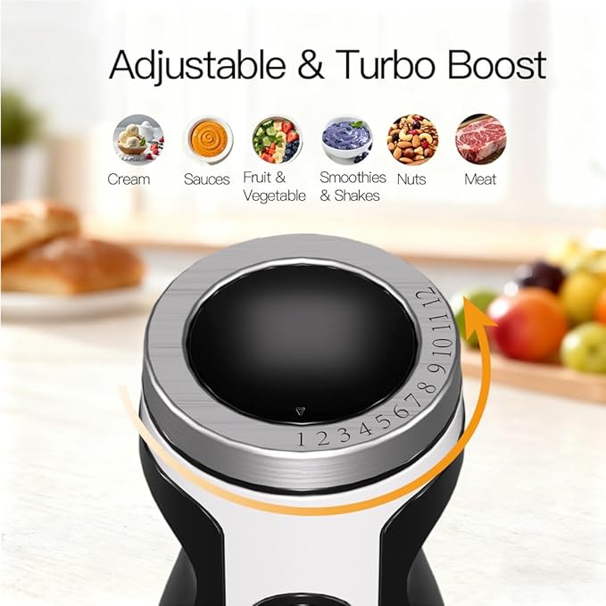 MegaWise Blender Handheld 12-Speed Stainless Steel Electric Hand Blender, 5 in 1 Immersion Handheld Blender，Titanium Blades Hand Blender, Milk Frother Wand,with 600ml Whisk Beaker and Chopper (black)
