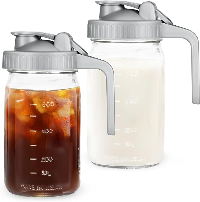 Creamer Pitcher Jar with Lid - 2 Pack No Leak 32oz Airtight Mason Jar with Pour Spout Lid, Classic Wide Mouth Jug Easy to Clean, Ideal for Coffee, Breastmilk, Iced & Sun Tea, Juices