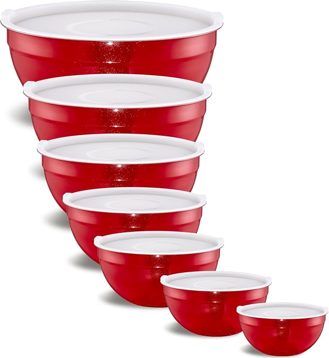 Red Mixing Bowls With Airtight Lids,Stainless Steel Bowl,Salad Bowls 7 Piece Colorful Nesting Bowl Red Kitchen Accessories,Size 7,3.6,2.7,2.1,1.5,1.1,0.8QT Stackable Design