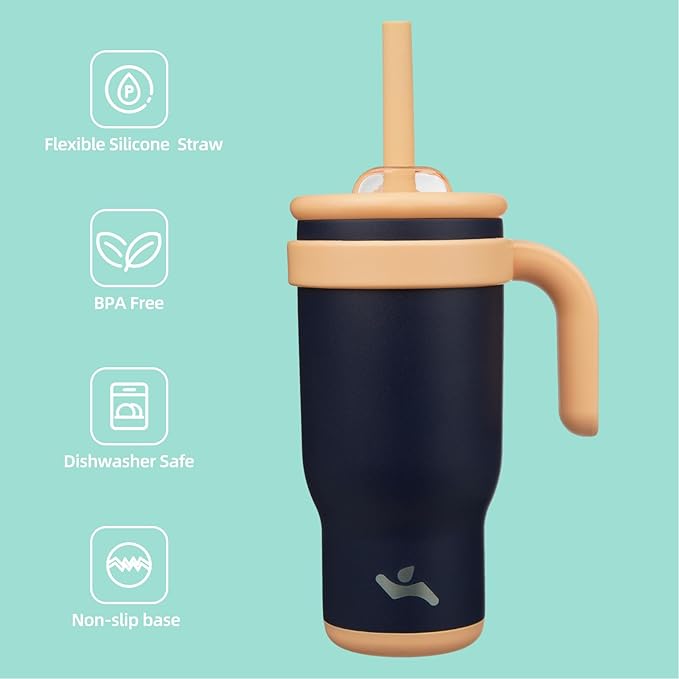 18 oz Tumbler with Side Handle, Insulated Water Bottle with Straw and 2 in 1 Lid, Stainless Steel Cup Travel Coffee Mug for Sports Office Gym,Navy Blue