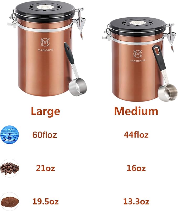 Airtight Coffee Bean Container - Co2 Valve Coffee Bean Canister with Scoop for Ground Coffee Large Copper 21oz