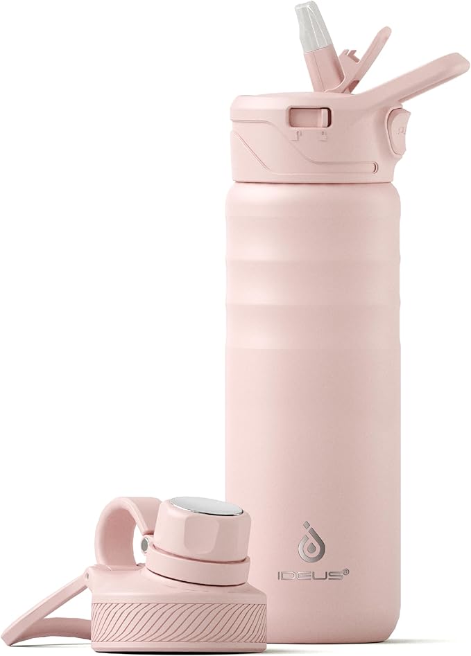 IDEUS Insulated Stainless Steel Water Bottle with 2 Leak-Proof Lids, Thermal Water Flask for Hiking Biking, 24oz, Light Pink