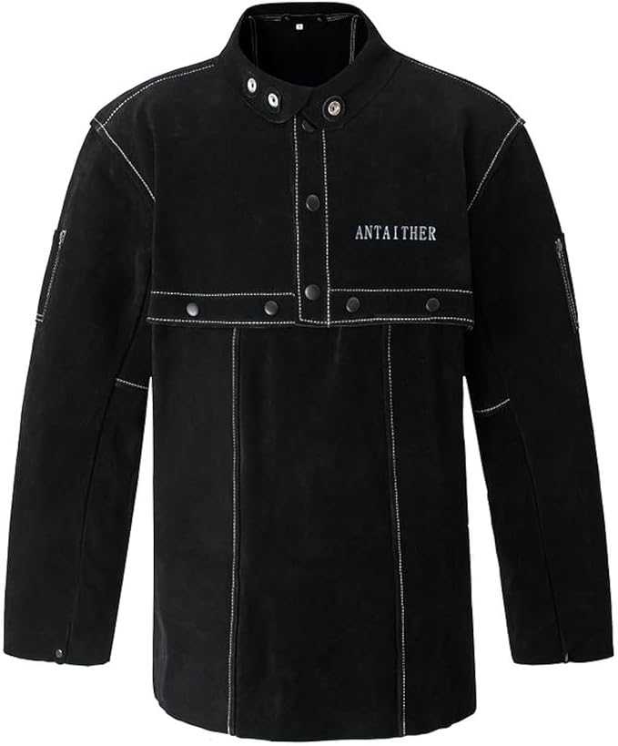ANTAITHER Leather Welding Jacket with Open Back, Bib Apron with Cape Sleeve, Heat Flame Resistant Welder Coat