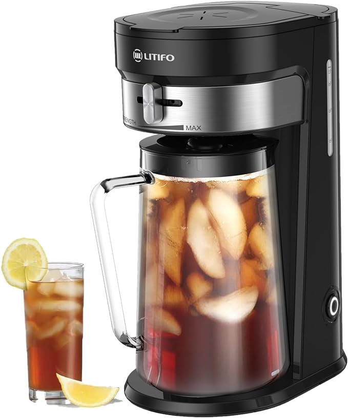 LITIFO Iced Tea Maker and Iced Coffee Maker Brewing System with 2.5-quart Pitcher, sliding strength selector for Taste Customization, Stainless Steel (Black 2.0)