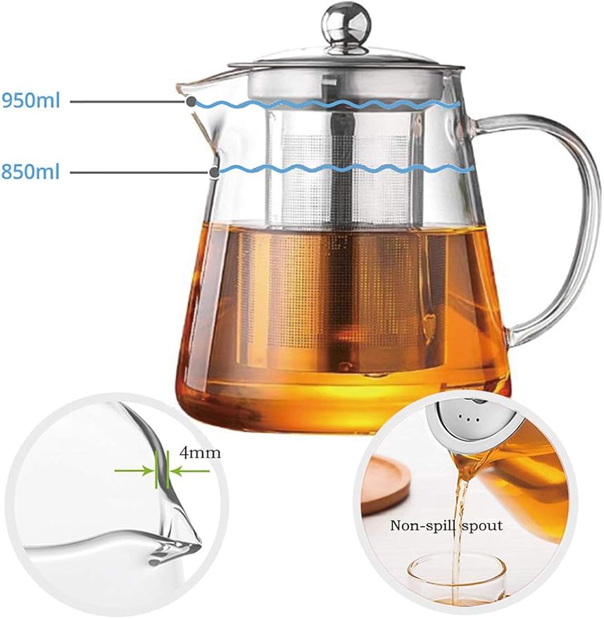 Glass Teapot with Infuser Tea Pot 32oz/43oz Tea Kettle Stovetop Safe Blooming and Loose Leaf Tea Maker Set (32oz/ 950ml)
