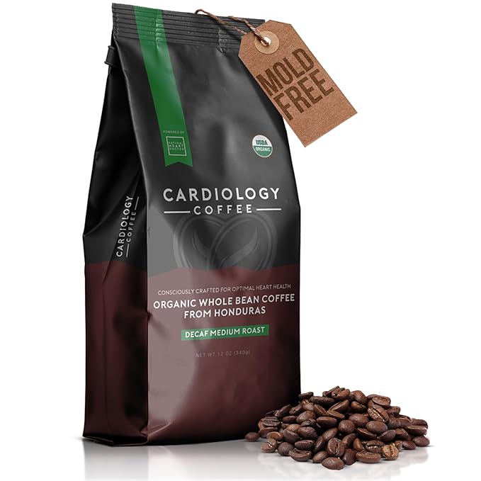Cardiology Coffee – Decaf Coffee Beans – USDA Certified Organic, Mold Free 12oz Premium Whole Bean Coffee Medium Roast – Decaf Espresso Beans with Swiss Water Decaf and Antioxidant Benefits – Heart Healthy Lifestyle