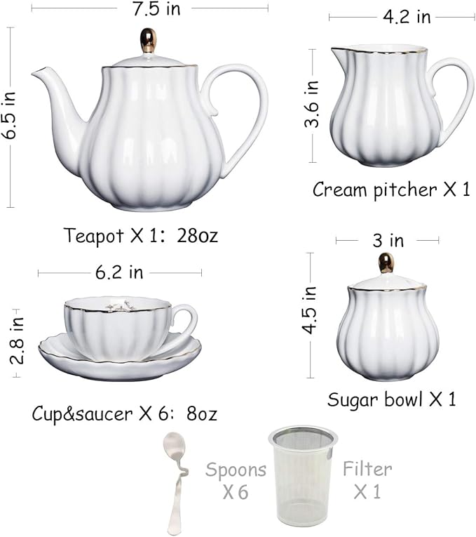 Porcelain Tea Sets British Royal Series, 8 OZ Cups& Saucer Service for 6, with Teapot Sugar Bowl Cream Pitcher Teaspoons and tea strainer for Tea/Coffee, Pukka Home (Pure White)