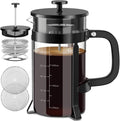 QUQIYSO French Press Coffee Maker 34oz 304 Stainless Steel French Press with 4 Filter, Heat Resistant Durable, Easy to Clean, Borosilicate Glass Coffee Press, 100% BPA Free Glass Teapot, Black