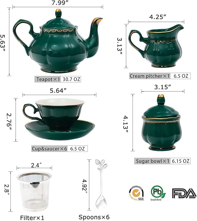 CHENP.HMC Tea Set 22-Piece Porcelain Ceramic Coffee Tea Sets Cups Saucer Service for 6 Teapot Sugar Bowl Creamer Pitcher and Teaspoons Porcelain Tea Set(Dark Green)