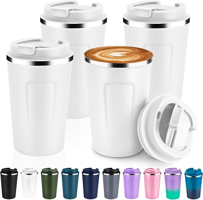 Volhoply 12 oz Double Wall Insulated Vacuum Travel Coffee Mug with Flip Lid Bulk 4 Pack,Reusable Stainless Steel Leak Proof Coffee Cups,Portable Cafe Thermal Tumbler for Hot & Cold Drinks(White,4 Set)
