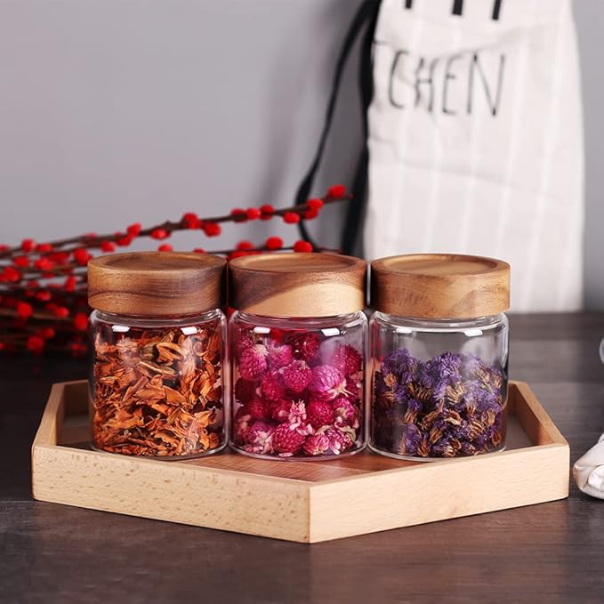 SAIOOL 3 Packs Glass Food Storage Jars with Screw Airtight Seal Acacia Wood Lids,Spice Jars with Lids, Organization for Jars Bottles Containers Travel Gear, Sugar, Salt,Coffee, cookies,spices