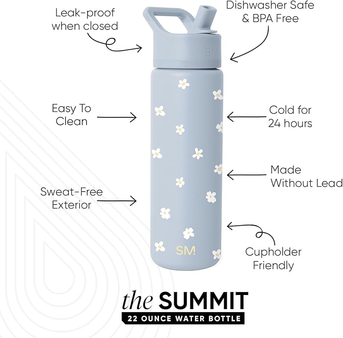 Simple Modern Water Bottle with Straw Lid | Vacuum Insulated Stainless Steel Metal | Reusable Leak Proof BPA-Free Cup for School | Summit Collection | 22oz, Sweet Daisy on Blue
