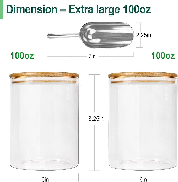 Urban Green Glass Jar with Bamboo Lids (2 sets 100oz) with Metal Scoop, Food Storage Containers with Airtight Lids, Glass Canisters sets, Flour Container Jar