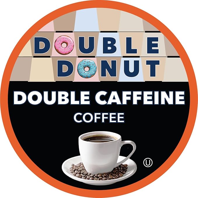 Double Donut Coffee High Caffeine Coffee Pods, Extra Strong Double Caffeine Coffee Cups for Keurig K Cup Brewer Machines Single Serve Dark Roast Coffee, 24 Count