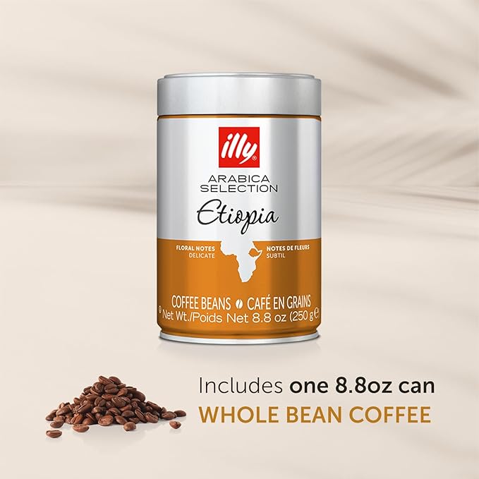 illy Arabica Selections Ethiopia Whole Bean Coffee, 100% Arabica Bean Single Origin Coffee, Light Roast with Notes of Jasmine, All-Natural, No Preservatives, 8.8 Ounce Can (Pack of 1)