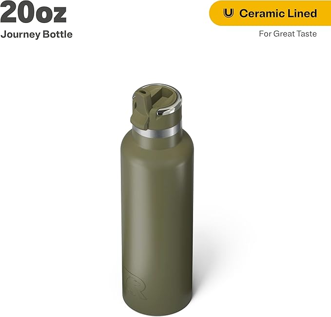 RTIC 20oz Journey Bottle Metal Stainless Steel Vacuum Insulated, BPA Free, Reusable, for Water, Hot and Cold Drinks, Travel, Sports, Camping, Olive