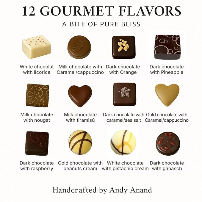 Andy Anand Chocolatier Belgian Chocolate Truffles Gift Box Handcrafted Gluten Free Gourmet Chocolate European Imported Chocolate Truffles Perfect as Chocolate Gifts For Women (25 Pcs,7.8 Oz)