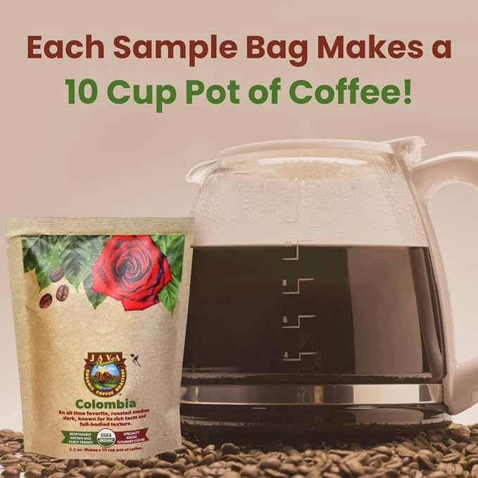 Sampler Variety Pack, Low Acid Organic Coffee Beans in Linen Gift Bag: Whole Bean, Mold-Free & Stomach Friendly, by Java Planet - Arabica Gourmet Coffee, 1.32 LBs of coffee packaged in six 3.2 oz bags