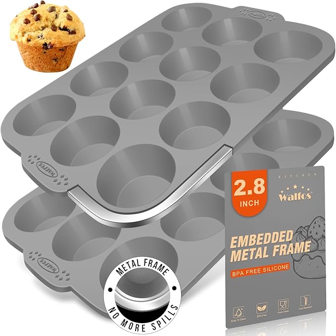 Walfos Silicone Muffin Pan with Metal Frame, 2.8 Inch Regular Size Silicone Cupcake Pan Muffin Tin, Non-Stick 12 Cups Egg Bites Molds for Baking 2 Pack, BPA Free, Dishwasher Safe