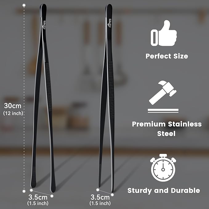 HOTEC Kitchen Tweezers Tongs Stainless Steel Professional Chef Tweezers, Set of 2-12inch Extra-Long Food Tongs for Cooking,Grill and Baking