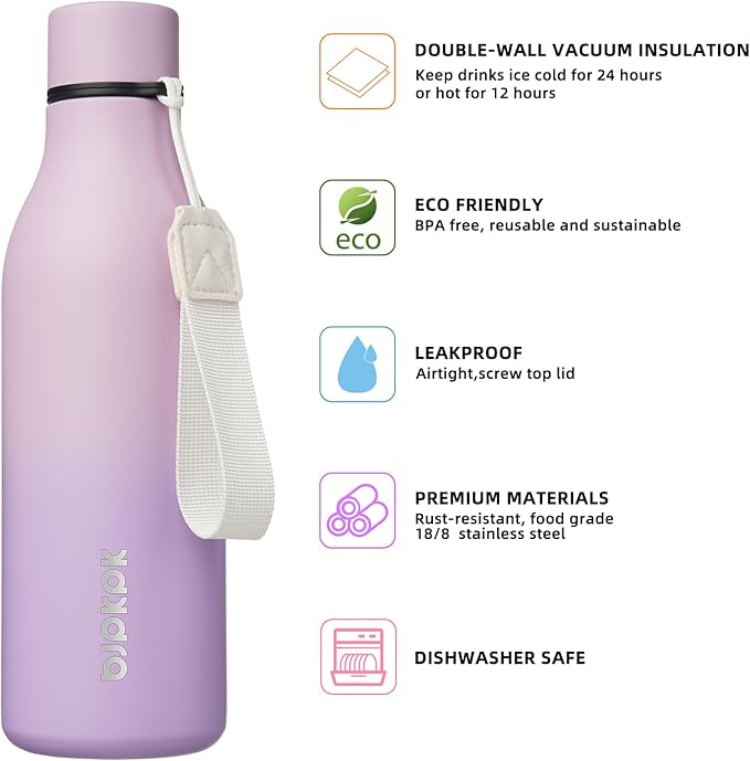 BJPKPK Insulated Water Bottles, 18 oz Stainless Steel Metal Water Bottle with Strap, BPA Free Leak Proof Thermos, Mugs, Flasks, Reusable Water Bottle for Sports & Travel, Dreamy Purple