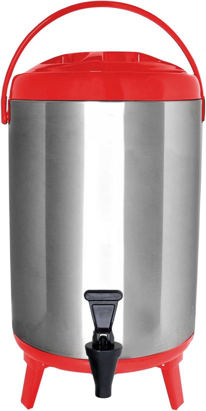 Stainless Steel Insulated Beverage Dispenser – Insulated Thermal Hot and Cold Coffee Carafe – 8 Liter Drink Dispenser with Spigot for Hot Water, Tea & Coffee, Cold Milk, Juice & More RED